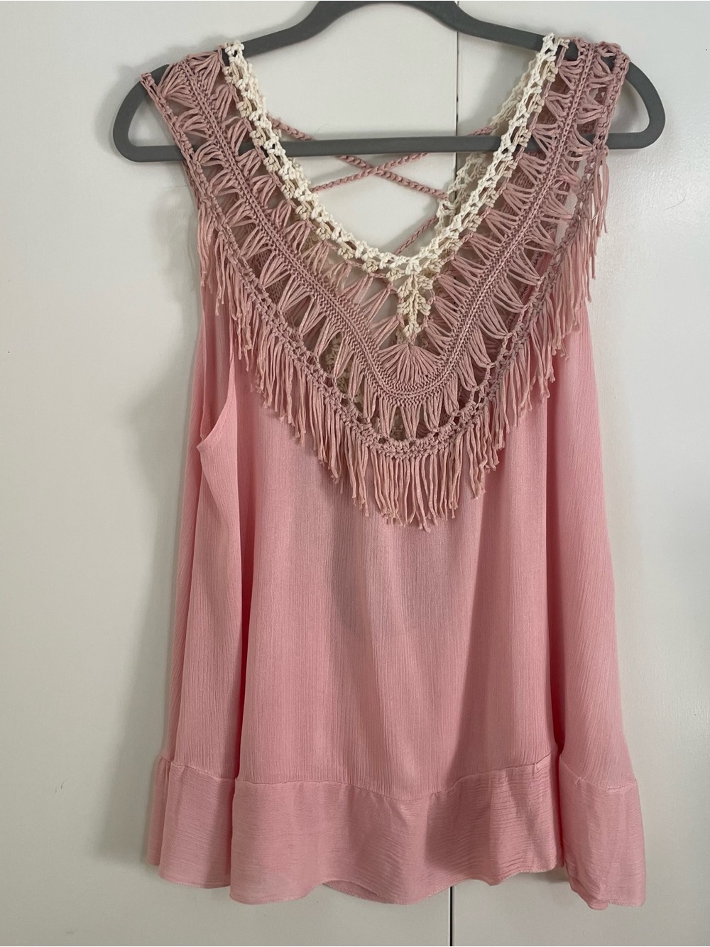 Listicle Pink Crochet Fringe Tank Top, Size Medium